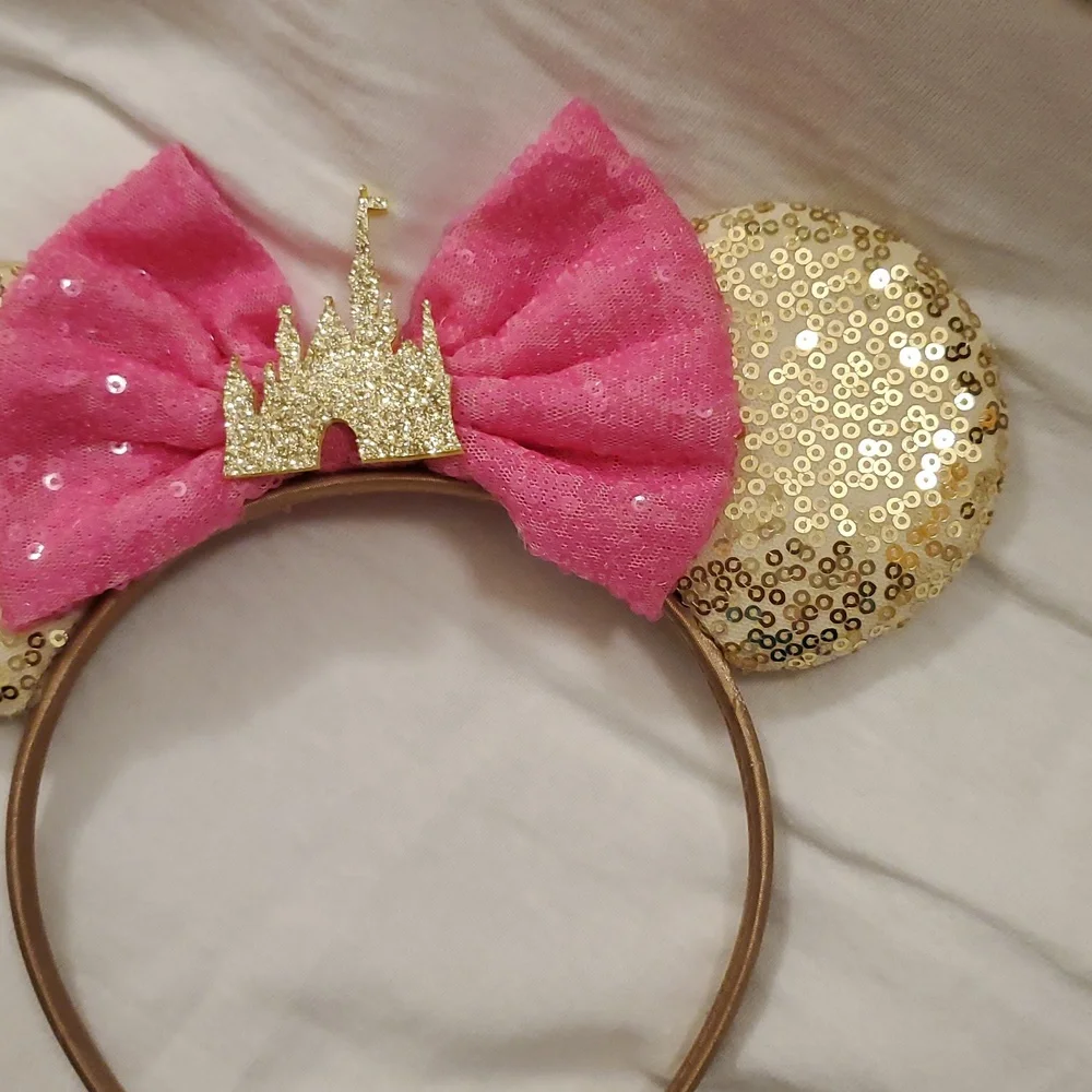 Pink and Gold Sequins Minnie Mouse Ears Headband